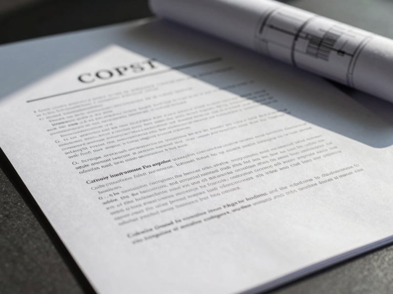 Crisp close-up of legal contracts and architectural blueprints on a dark surface, sharp shadows, cool daylight, professional atmosphere