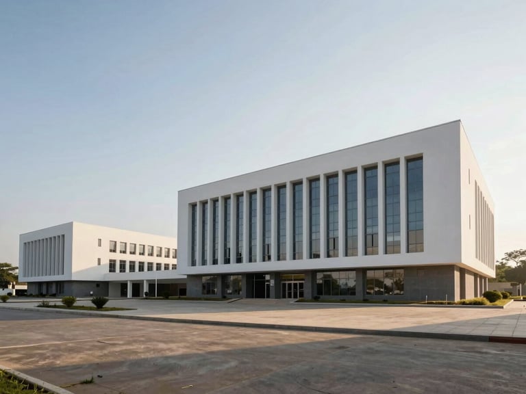 Low-angle architectural render of Diamniadio modern administrative buildings, crisp morning daylight, clean lines, expansive negative space.
