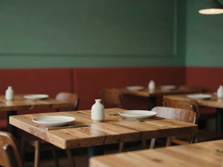 Cozy Scandinavian restaurant interior, soft diffused light, empty wooden tables with simple ceramic settings, a single stem vase, warm editorial photography.