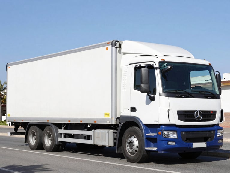 Wide shot of a clean white and blue commercial transport truck parked on an Alicante street under bright Spanish daylight, hydraulic tail lift lowered, crisp commercial photography, 35mm lens