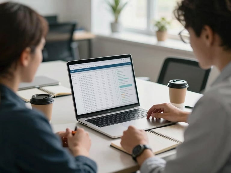 Wide environmental shot, north-facing daylight, two team members seated at a table reviewing outreach tracking spreadsheets on a laptop, backlink data visible on screen, notebooks and coffee cups on table, calm professional office background slightly out of focus
