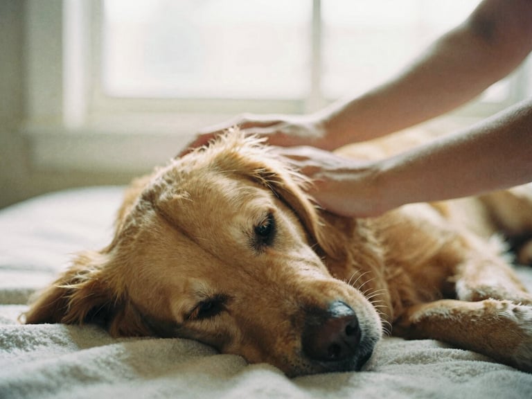 Close-up of human hands gently massaging a calm, relaxed golden retriever on a soft blanket, warm diffused window daylight, shallow depth of field, 35mm film aesthetic