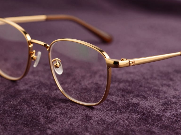 Macro shot of a premium gold-plated glasses frame resting on a soft velvet surface, warm golden-hour light highlighting the hinge detail