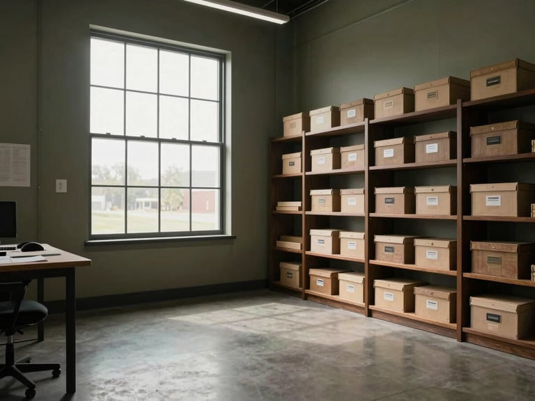 Wide atmospheric shot of a quiet, unpeopled design studio in Riverton, Utah. Muted olive walls, dark timber shelving holding archival boxes, soft overcast daylight streaming through a tall steel-framed window.