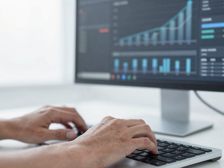 Close-up of hands typing on a keyboard, with a digital advertising dashboard showing upward trend graphs on a monitor in the background, cool desaturated tones, sharp focus