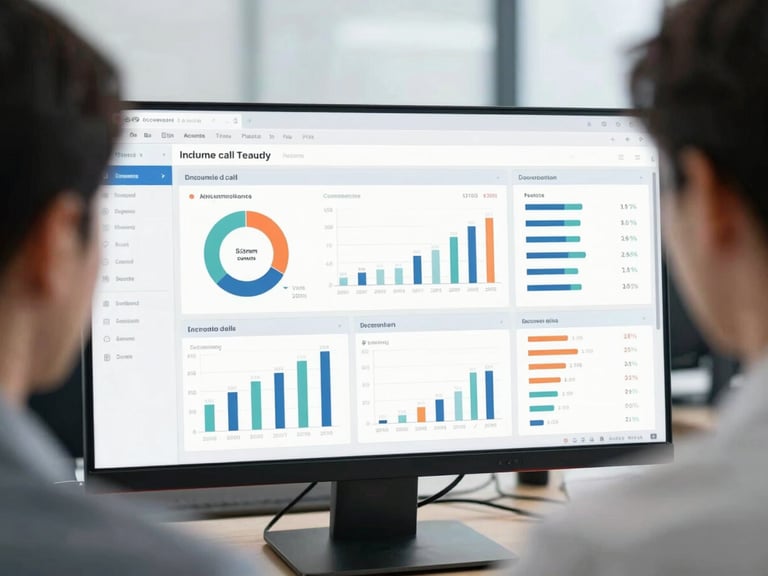 Over-the-shoulder shot of a person analyzing a detailed analytics dashboard displaying inbound call metrics, professional office, overcast daylight, sharp focus, 35mm