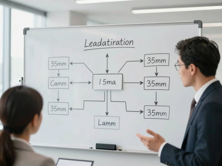 A whiteboard with clear, concise flowcharts and metrics demonstrating lead attribution, two business professionals discussing the data, bright office lighting, 35mm