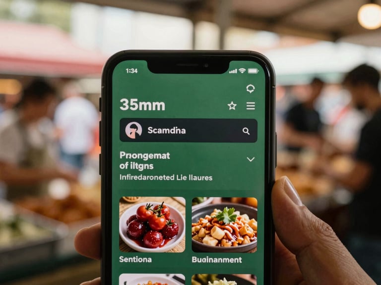 Close-up of a smartphone screen displaying social media engagement metrics, with a blurred background of a bustling food market, warm editorial photography, soft natural light.