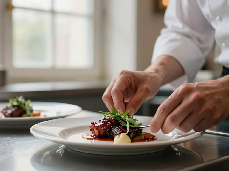 Close-up of a chef's hands delicately plating a dish in a scandinavian-style restaurant kitchen, natural window light, shallow depth of field, warm editorial photography.