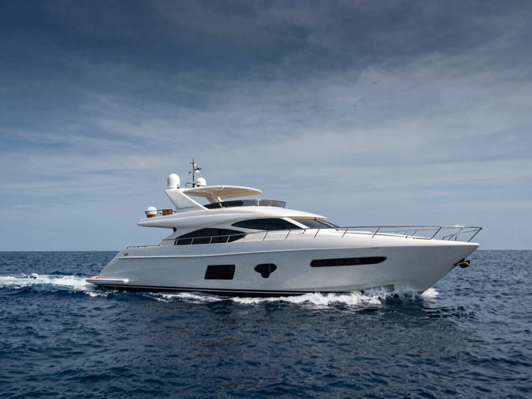 High-end luxury yacht cruising in calm blue waters, dramatic low-angle sun, showing its sleek design and wake