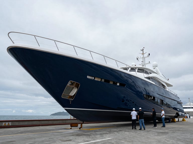 Luxury yacht hull out of water in a dry dock, technical crew inspecting, overcast coastal daylight, wide-angle lens