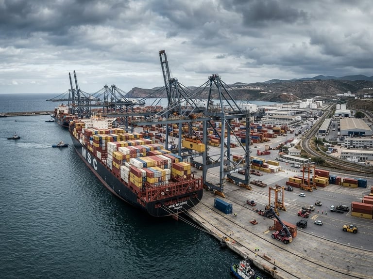 Wide panoramic view of a massive container ship being loaded at a modern industrial port, with large cranes and coastal infrastructure visible, overcast coastal daylight, deep blues and steel grays, high contrast.