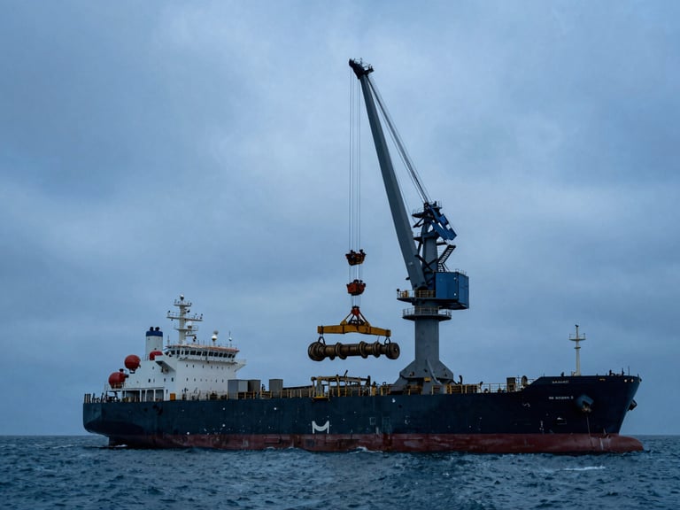 Dramatic low-angle shot of a massive industrial crane lifting a large component onto a heavy-lift vessel, with the sea and sky in the background, overcast coastal daylight, deep blues and steel grays, high contrast.