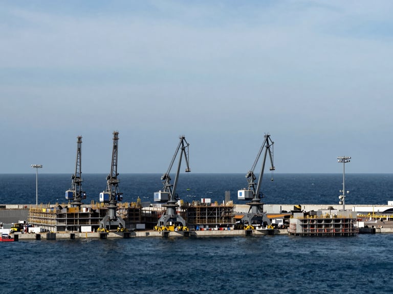 Wide-angle shot of a modern port under construction, showing heavy machinery, concrete structures, and the sea, overcast coastal daylight, deep blues and steel grays, high contrast.