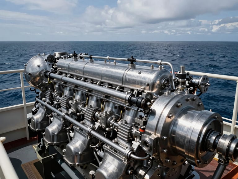 Close-up of a marine engine room, brushed steel components, crisp industrial studio light, emphasizing engineering precision