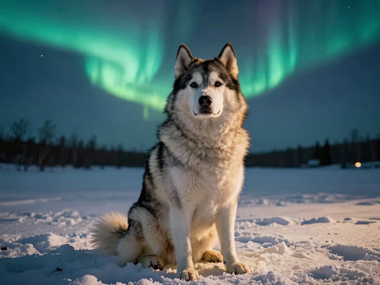 Cinematic portrait of a majestic Siberian malamute sitting in deep snow, glowing aurora borealis in the background, soft bioluminescent teal and warm gold rim light.