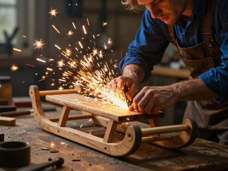 Cinematic close-up of Sawyer Claus in his workshop, sparks flying from a wooden sled runner, warm golden light, anamorphic lens.