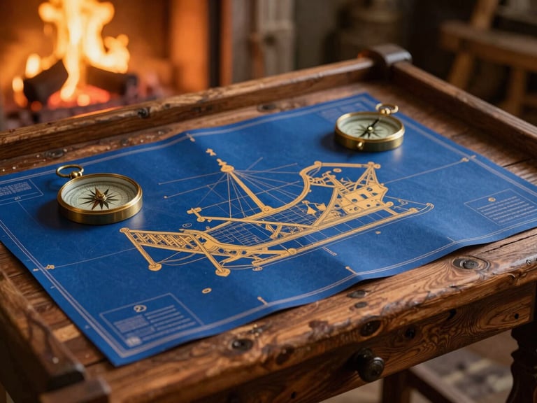 Close-up of a rustic wooden drafting table covered in detailed blue-and-gold sled blueprints, glowing brass compasses, and warm light from a nearby fireplace.