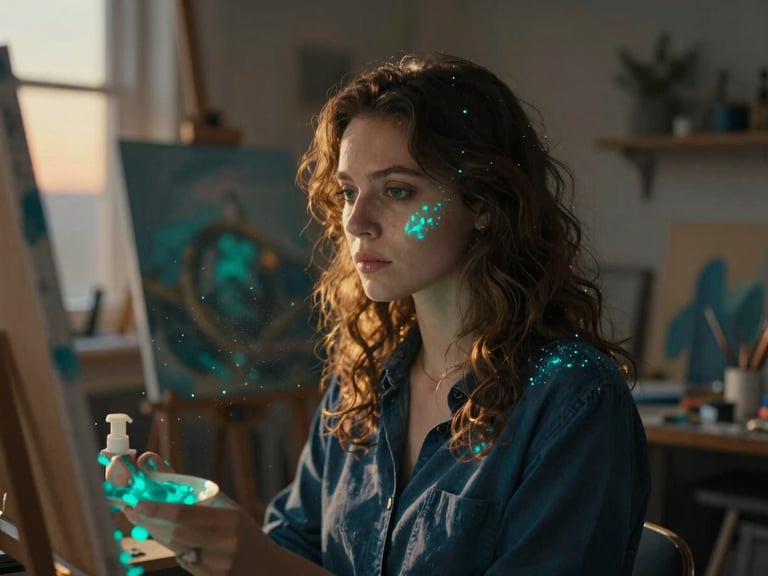 Cinematic portrait of Jenta Claus in her art studio, surrounded by glowing teal paints and floating dust motes, soft twilight lighting.