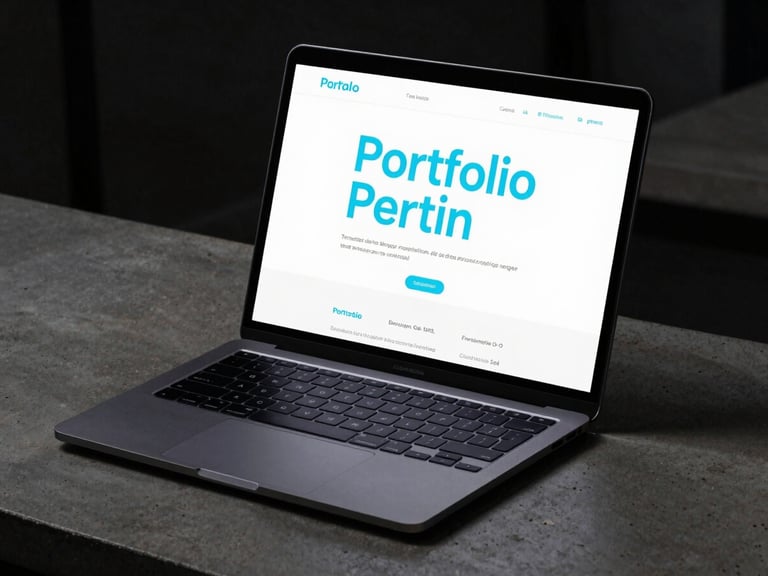 A sleek dark laptop mockup on a concrete desk, displaying a minimalist portfolio website with bright cyan typography, moody ambient studio lighting.