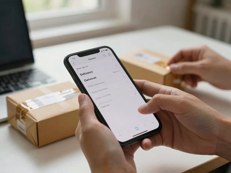 Close-up of hands holding a smartphone showing a delivery list screen, a small package being sealed with tape on a home-office desk, natural daylight from a nearby window, focus on the screen and the parcel in motion