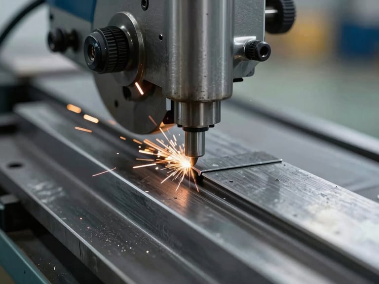 Close-up of a precision industrial band saw cutting through a thick steel profile, subtle sparks, cool metallic colors, sharp focus on the cut edge