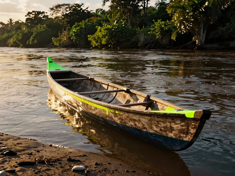 Close-up of a traditional wooden canoe resting on the bank of the Magdalena River, golden hour light reflecting on the water, lush vegetation in the background.