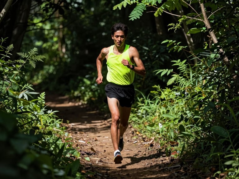 Dynamic action shot of a runner crossing a narrow dirt trail, arms pumping, intense focus on their face, surrounded by vibrant green foliage, deep shadows.