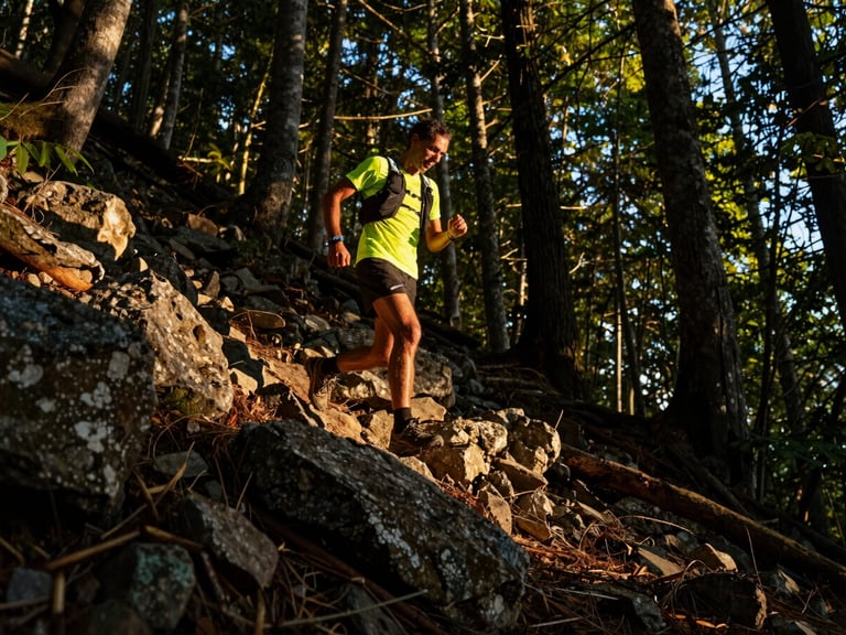Trail runner navigating a steep, rocky forest path at golden hour, dynamic low-angle, high-contrast, sweat visible.
