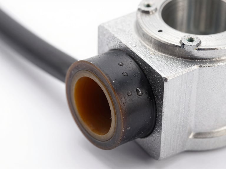 Macro close-up of an industrial cable gland and rubber gasket under even studio lighting, water droplets visible on the sealed surface, precise alignment of gasket material against a machined aluminium enclosure edge, white background, no text