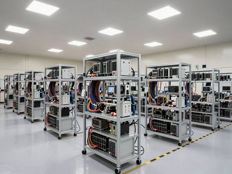 Wide environmental shot of an industrial test bay, overhead facility lighting casting sharp even illumination on racks of hardware under evaluation, cables routed along cable trays, measurement instruments visible on steel shelving, no personnel present, clean and methodical arrangement