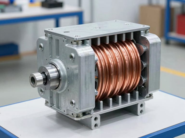 Straight-on technical shot of a heavy-duty copper-wound transformer inside a steel stabilizer enclosure, bright workshop lighting, realistic engineering environment, sharp focus, 50mm