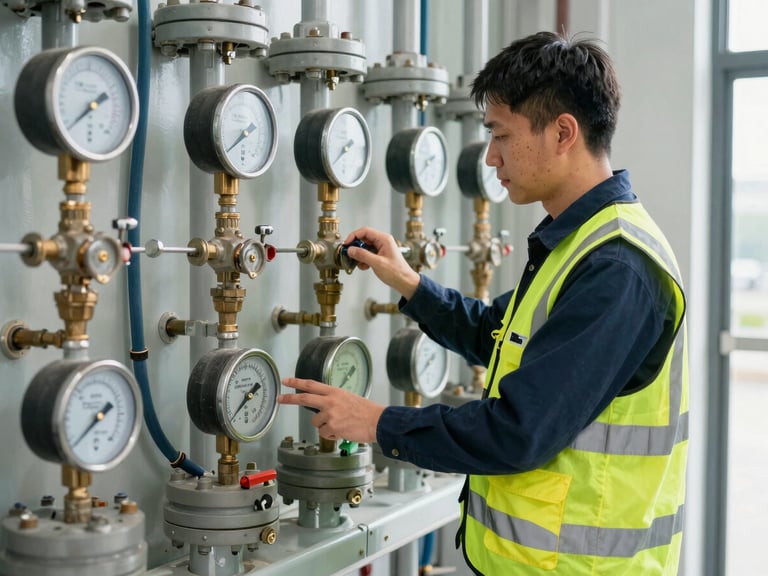Technical inspector in a high-visibility vest examining industrial fire valves and pressure gauges inside a commercial utility room, sharp focus, daylight.