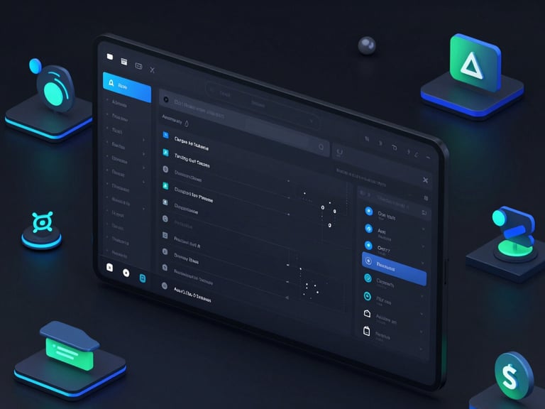 Sleek dark-mode desktop interface showing clean database structures and API endpoints, neon blue accents, sharp focus, 3d render