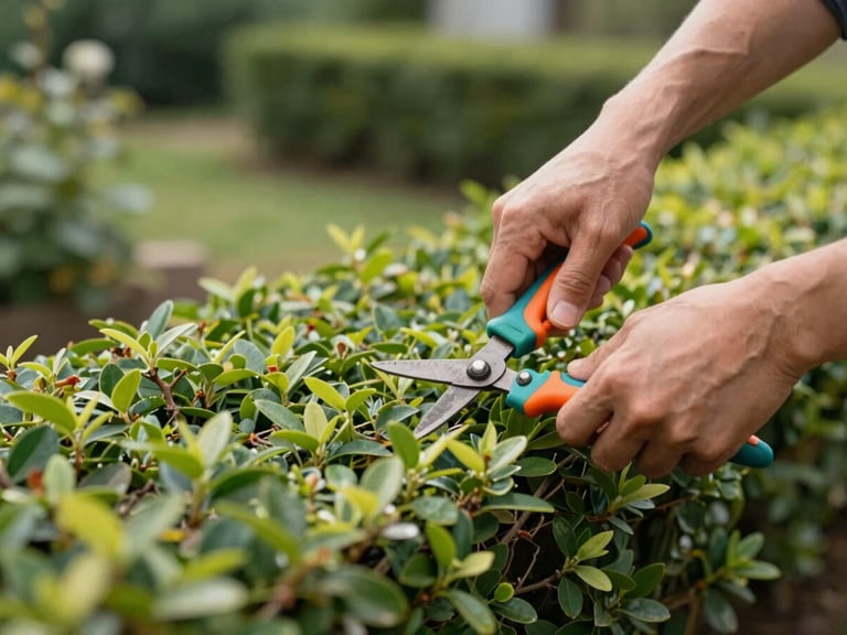 Präziser Formschnitt an einer Buchsbaumhecke in einem gepflegten Garten, weiches Morgenlicht, scharfer Fokus, Gärtnerhände mit Gartenschere.