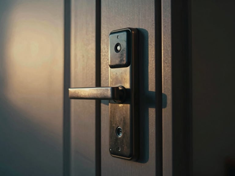 Close-up of a modern hotel door lock mechanism, precisely engineered, with a subtle glow, in a muted deep tone, cinematic editorial photography, golden-hour natural light, architectural composition.