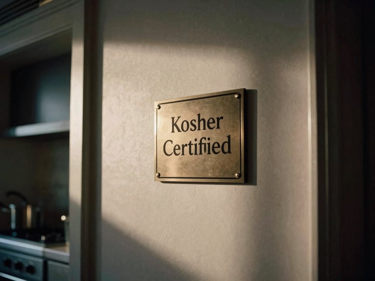 A discreetly placed, elegant 'Kosher Certified' plaque on a wall in a luxury hotel kitchen, soft diffused light, cinematic editorial photography, golden-hour natural light, architectural composition.