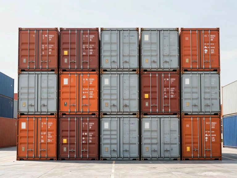 Straight-on eye-level shot of organized shipping cargo containers stacked neatly in a modern shipping port, bright high-key daylight, sharp focus, 35mm