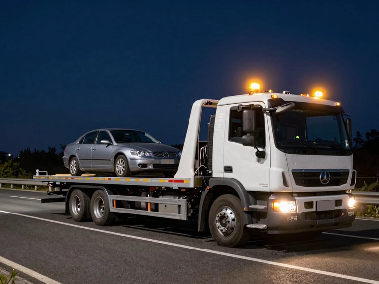 Wide panoramic night shot, a modern flatbed tow truck with amber warning beacons illuminated, securing a sedan on a highway shoulder, high contrast.