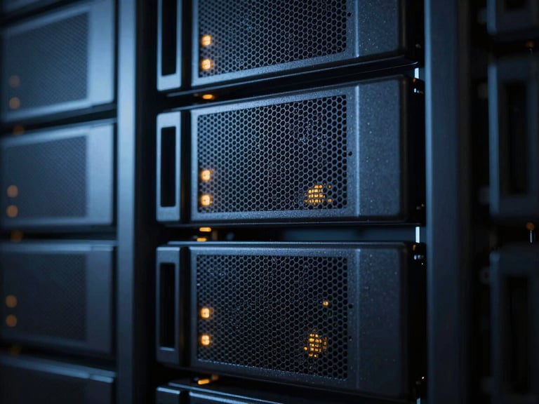 Extreme close-up of custom-cooled server racks, sharp blue and amber accent lighting, high-contrast shadows, dark cinematic sci-fi photography