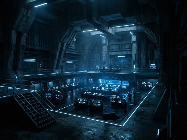 Wide, imposing perspective of a brutalist concrete command bunker, sharp blue accent lights cutting through dark shadows, no natural sunlight, dark cinematic sci-fi photography.