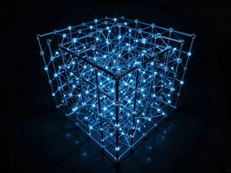 Wide shot of a quantum lattice structure, glowing with sharp blue light, dark background, brutalist sci-fi style, high-contrast shadows