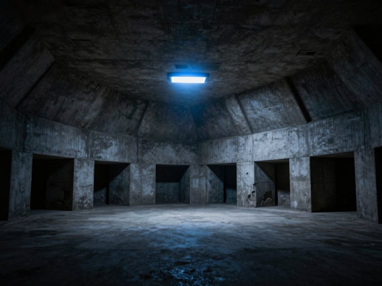 Imposing brutalist concrete command bunker interior, low-key lighting, single sharp blue light source, wide architectural perspective, high-contrast shadows