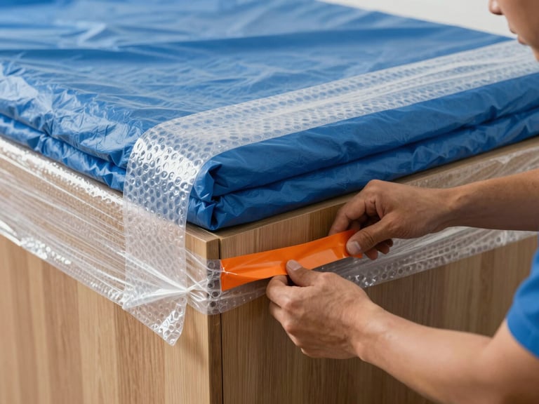 Close-up of professional movers wrapping a wooden cabinet corner with thick blue protective blankets and heavy-duty bubble wrap, hands securing orange tape, bright daylight.