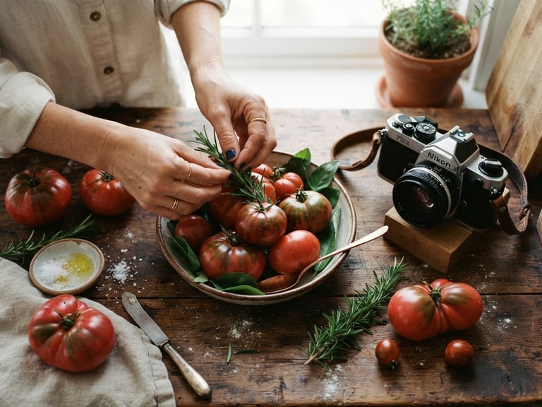 Overhead shot of hands arranging fresh rosemary and heirloom tomatoes on a rustic wooden table beside a professional camera, soft natural window light, deep crimson tones, 35mm film look.