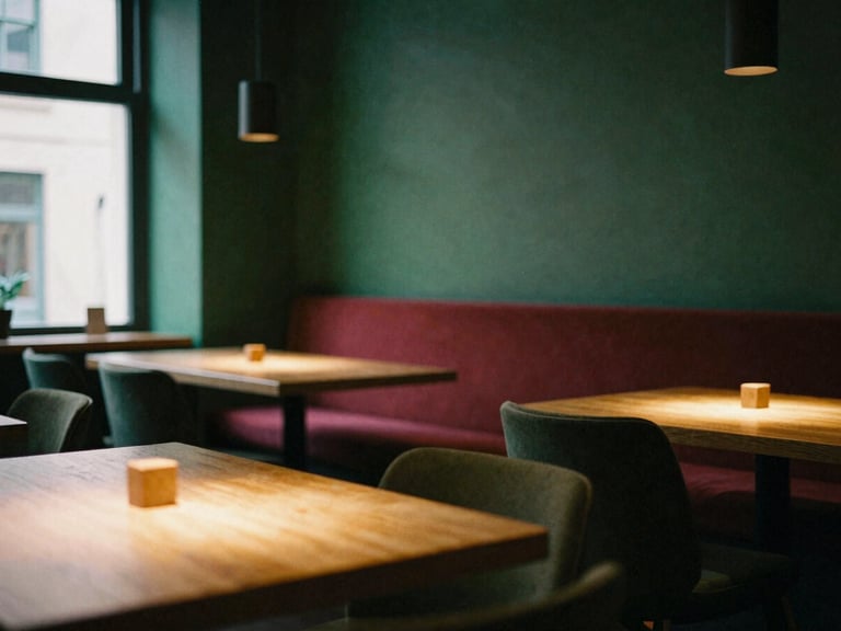 Cozy Scandinavian-style restaurant interior at dusk, warm side-lighting on empty wooden tables, minimalist design, deep forest green accents, 35mm film look.