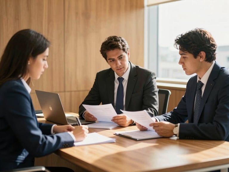 Modern sunlit Brazilian law office, professional lawyers collaborating over documents on a clean wooden desk, warm gold lighting, shallow depth of field