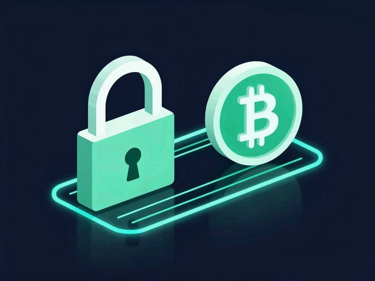 Abstract schematic diagram depicting a merchant terminal icon with a padlock, connected to a digital currency token, glowing emerald and cyan lines on a dark navy background, clean geometric glassmorphism.