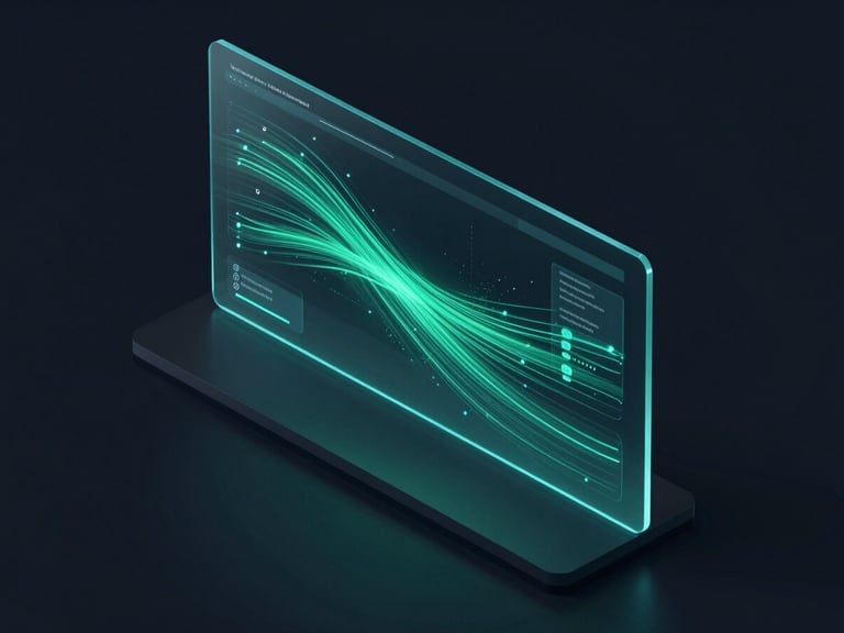Digital render of a secure enterprise portal dashboard with glowing data streams, dark background, emerald and cyan accents, isometric perspective.