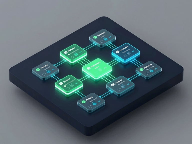 Abstract 3D visualization of a programmable rules engine interface with glowing logic gates and policy parameters, dark background, emerald and cyan accents, isometric perspective.